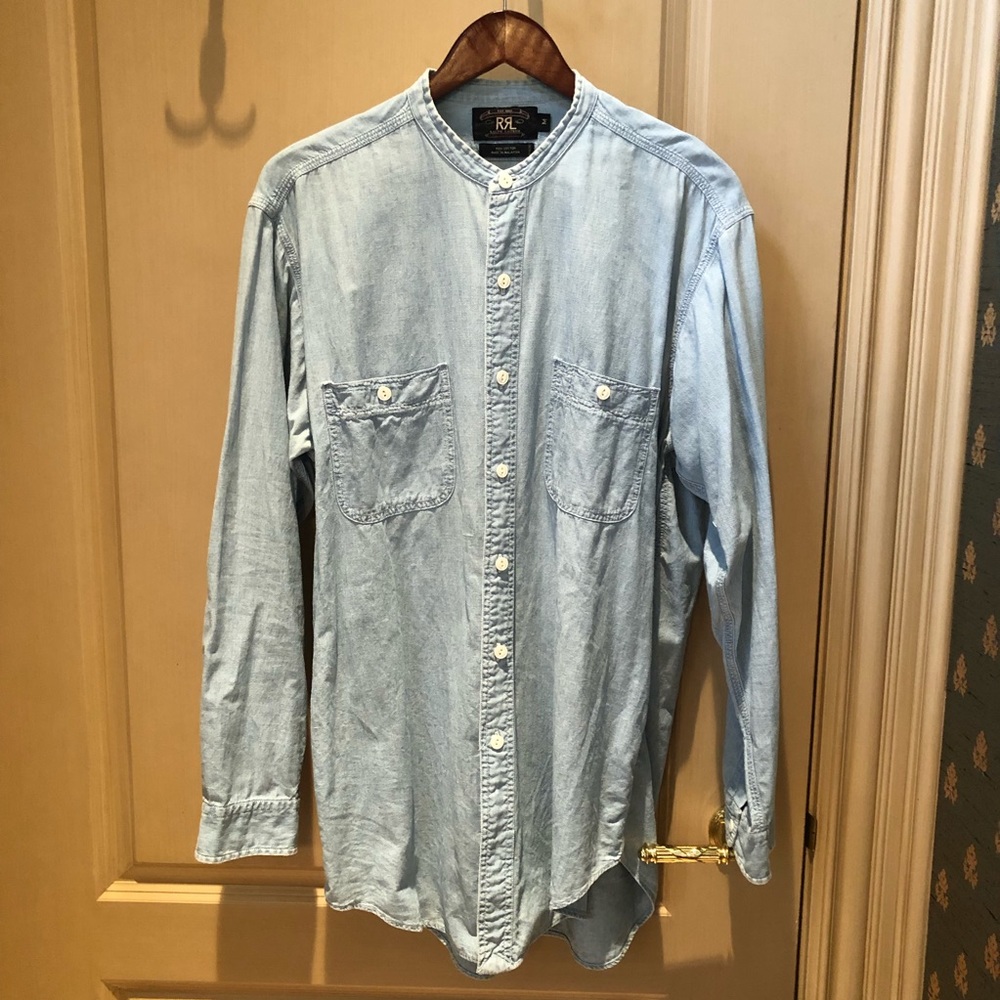 RRL Double RL Ralph Lauren Henley Mandarin Band Collar Blue Chambray Shirt, Sz M